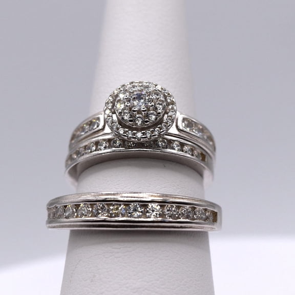 Silver & Stone Jewels Stunning 14K White Gold Finish Silver Round Cut CZ Bride & Groom Trio Ring Set