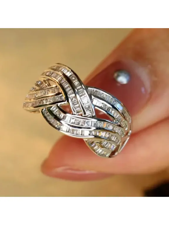 Stylish CZ Stacking Ring for Women 14K White Gold Finish Geometric Design Eternity Band