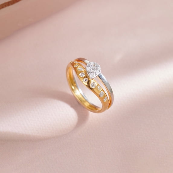 Silver & Stone Jewels Two-Tone Gold-Plated Teardrop CZ Engagement Ring – Elegant Bridal Jewelry for Women