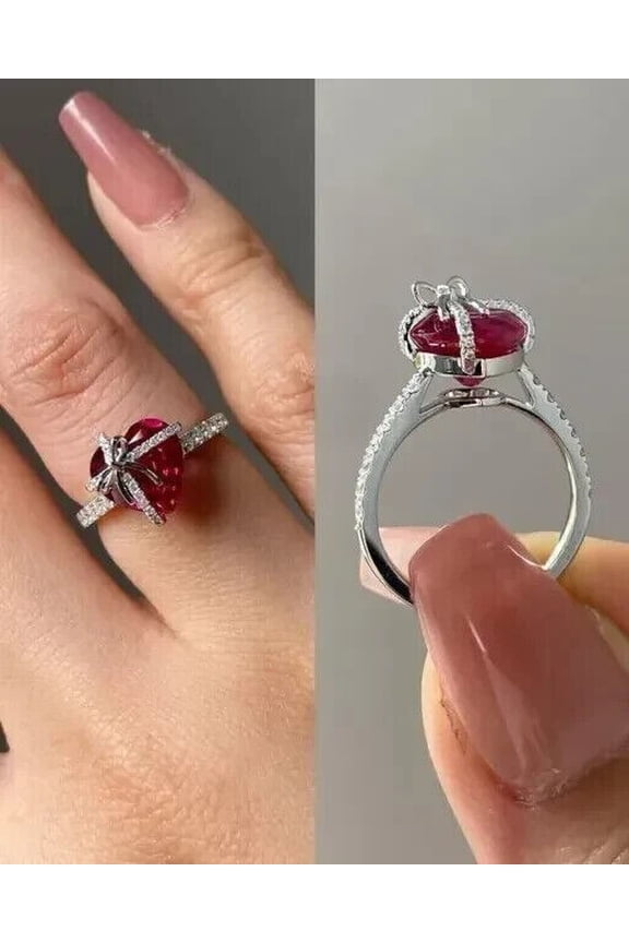 Valentine Day Heart Propose Ring for Her 14K White Gold Plated Lab Created Ruby