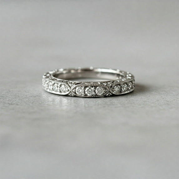 Silver & Stone Jewels Vintage-Inspired Milgrain CZ Eternity Band Ring for Women Silver Tone Antique-Style Wedding Anniversary Jewelry