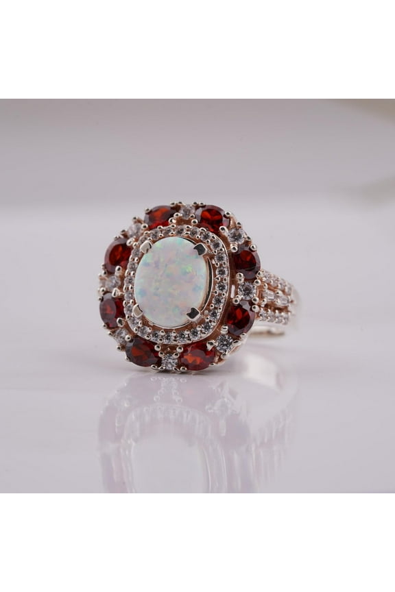 Vintage Style White & Red Halo Ring with CZ Accents Statement Cocktail Ring for Women