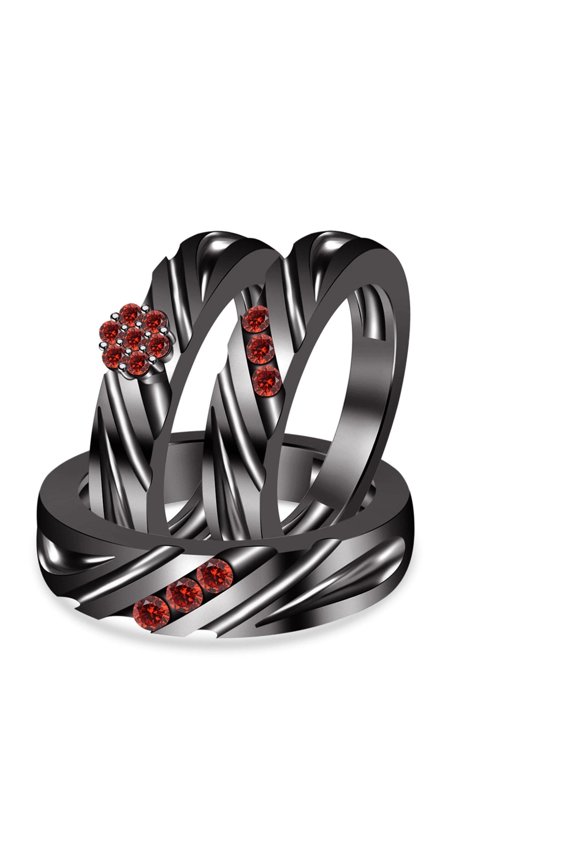 Wedding 14K Black Gold Finish Round Cut Lab Created Garnet Couple Ring Set