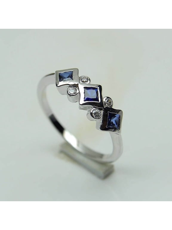 White Gold Finish Blue CZ Ring – Geometric Princess Cut Art Deco Style Band for Women