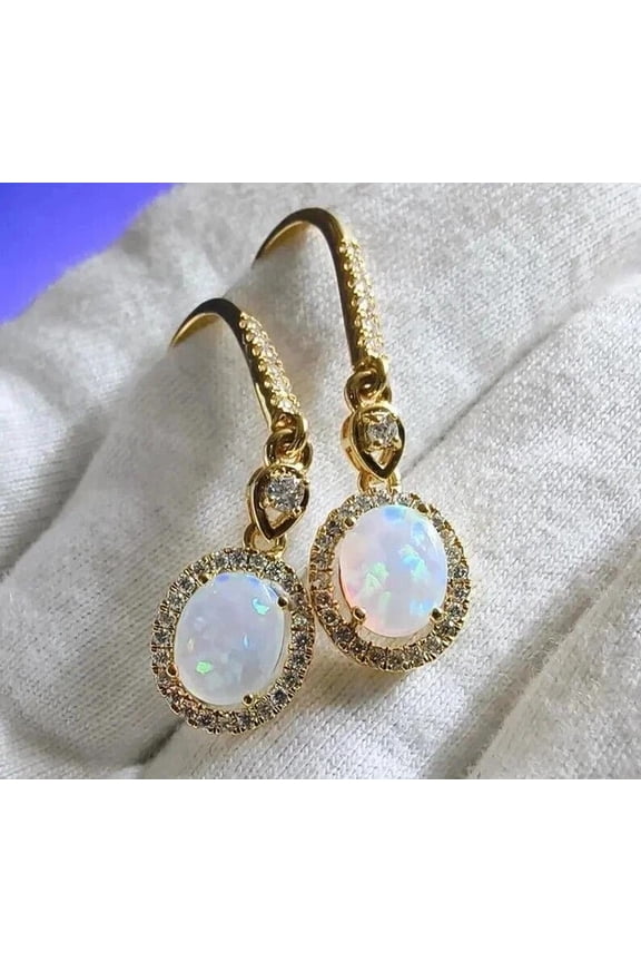 Natural Fire Opal 2.70Ct Oval Cut Drop Dangle Earrings 14K Yellow Gold Plated