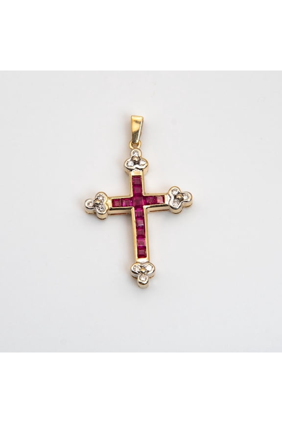 Women's Classy Cross Pendant in Princess Cut Lab Created Ruby 14K Yellow Gold Finish Silver