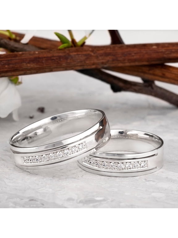 Women's & Men's Wedding Band Set 14K White Gold Finish Round Cut Cubic Zirconia Promise Ring Set