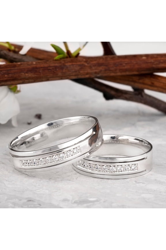 Women's & Men's Wedding Band Set 14K White Gold Finish Round Cut Cubic Zirconia Promise Ring Set