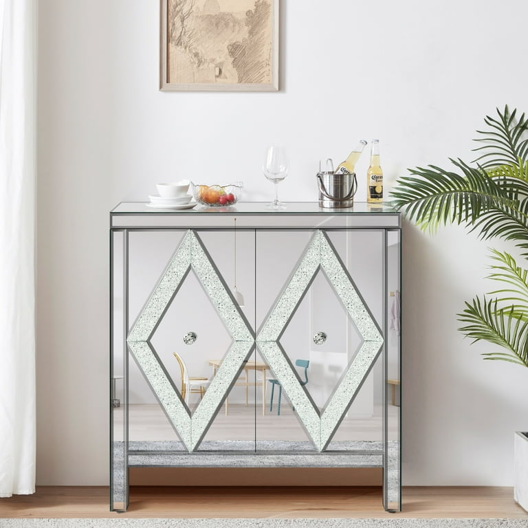 Silver Storage Cabinet with Mirror Trim and Diamond Shape Design Entryway Storage Cabinet with Crystal Effect Door Handles Freestanding Buffet