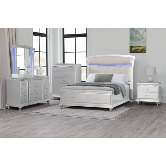 Silver Storage King Platform 5pc Bed Set Upholstery Headboard LED Light