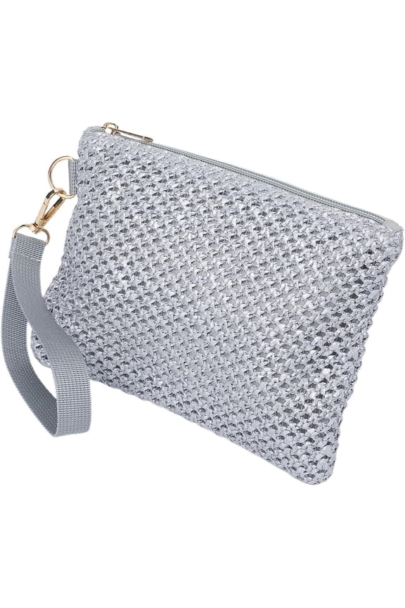 Silver Straw Woven Cosmetic Pouch Bohemian Beach Straw Purses Portable Vacation Travel Storage Clutch Bags for Outdoor Camping Toiletry Makeup Tools Organiser Hawaii Zipper Handbags 8.3x6in