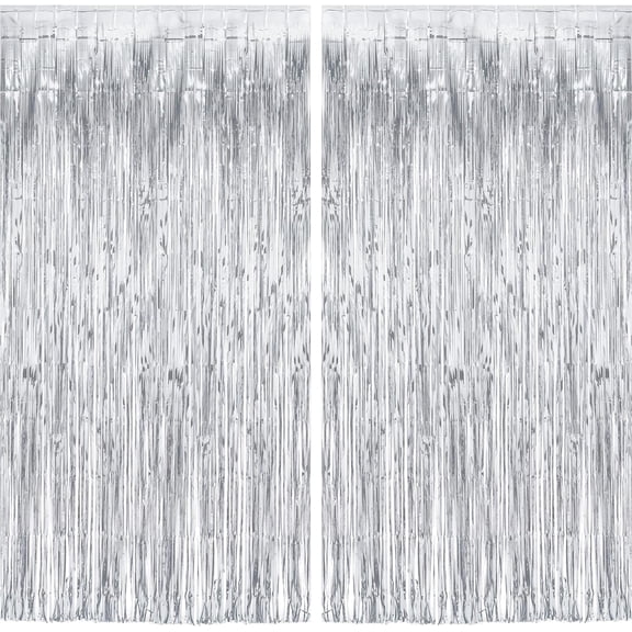 Silver Streamers Metallic Foil Fringe Tinsel Curtain Party Backdrop, 8.2ft x 3.2ft, 2 Pack - Perfect for NYE, Birthdays, Proms, Graduation, Photo Booth Decorations