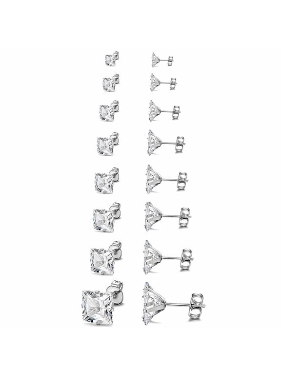 Silver Stud Earrings 8 Pair Stainless Steel Square Princess Cut Cubic Zirconia for Men Women