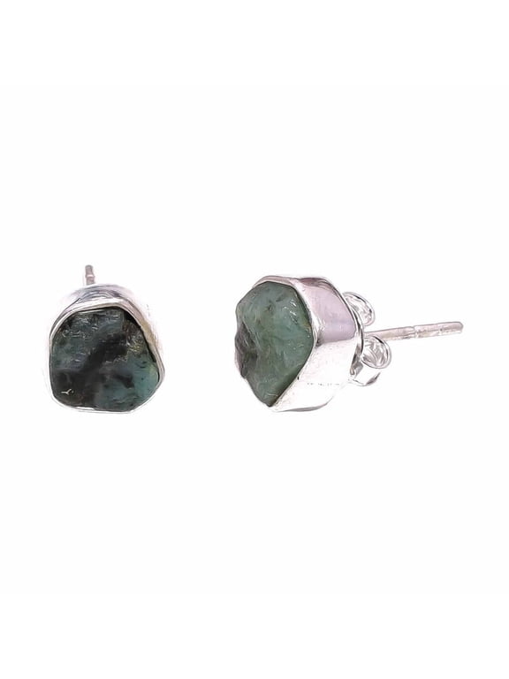 Silver Stud Earrings for Women, 925 Sterling Silver Stud Earrings Natural Raw Emerald Gemstone Handmade Earrings