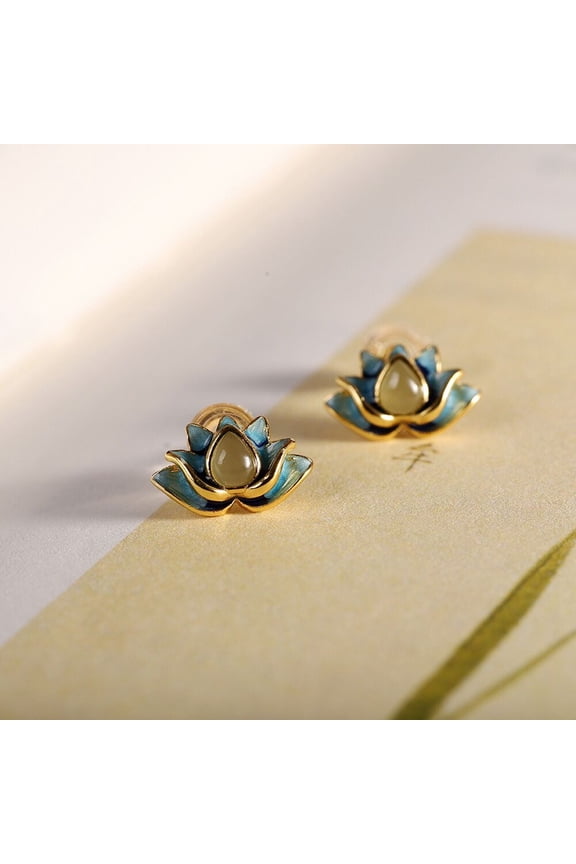 Silver Stud Women Natural Jade Enamel Lotus Flower EarringsReal 925 Sterling