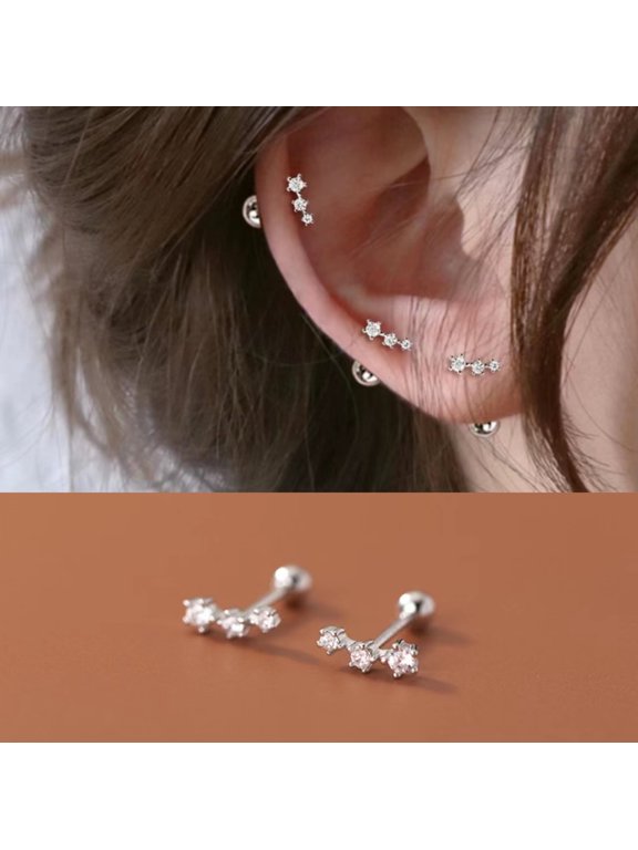Silver Studded Curved Bar Earrings, Women's Dainty CZ Bar Stud Earrings, Ear Climber, Gift for Her