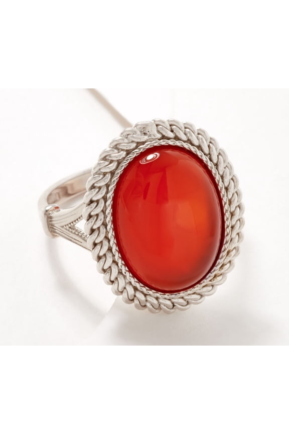 Sterling Silver Oval Red Agate with Rope Border Ring, Size 7