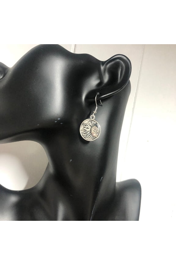 Silver Sun Face Vintage Earrings Dangle Earrings Mystical Hook Earrings Smiley Sun Drop Earrings