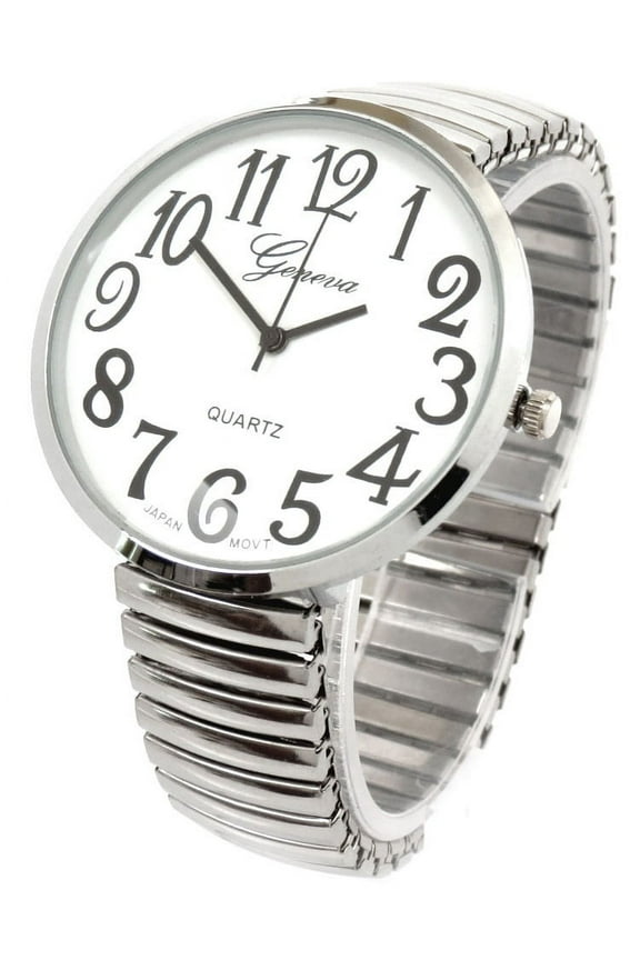 Silver Super Large Face Easy to Read Stretch Band Expansion Watch NIB