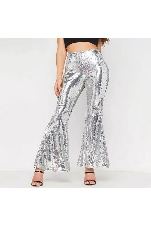 Silver Sweatpants Women's Sexy Sequined Shiny High Waist Stretch Flare Pants Nightclub Trousers