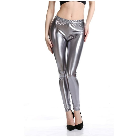 Silver Sweatpants Women's Stretchy Faux Leather Leggings Pants, Sexy Black High Waisted Tights