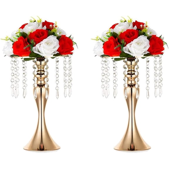 Silver Table Flower Center Stand with Crystal Beads, 2-Pack Iron Riser for Wedding Reception, Party, Banquet, Home Decor(13.4in)