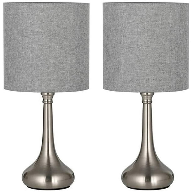 Silver Table Lamps Small Nightstand Set of 2 Gray Shades