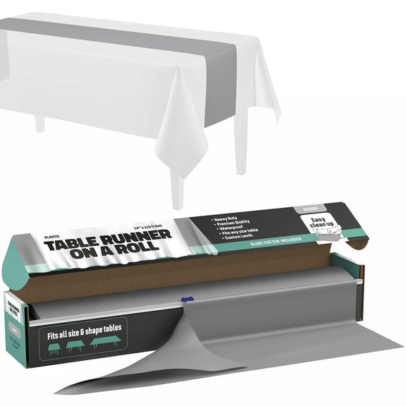 Silver Table Runner  14" X 110' Premium Plastic Longtable Runners with Cutter Box - Cut to Size - Decorative Rectangle Table Runners - Smooth Table Cloth - Disposable Table Cloths, Parties, Weddings.
