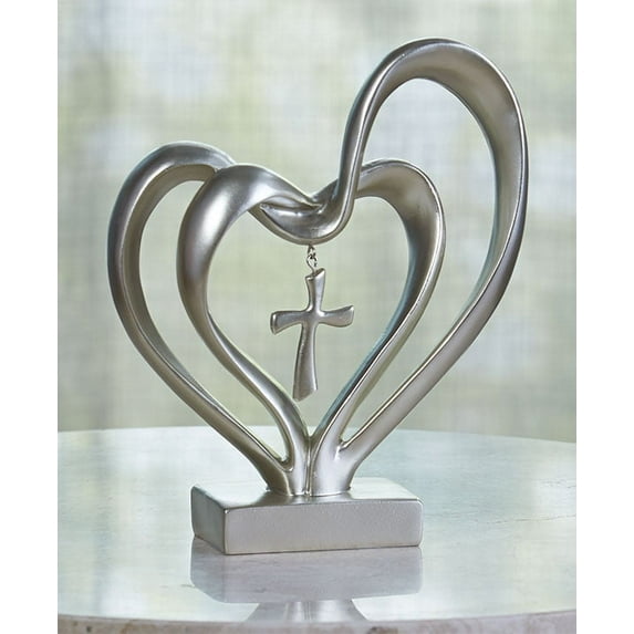 Marriage Takes Three Matte Silver Finish 13X8 inch Cross in Middle of Hearts Tabletopper