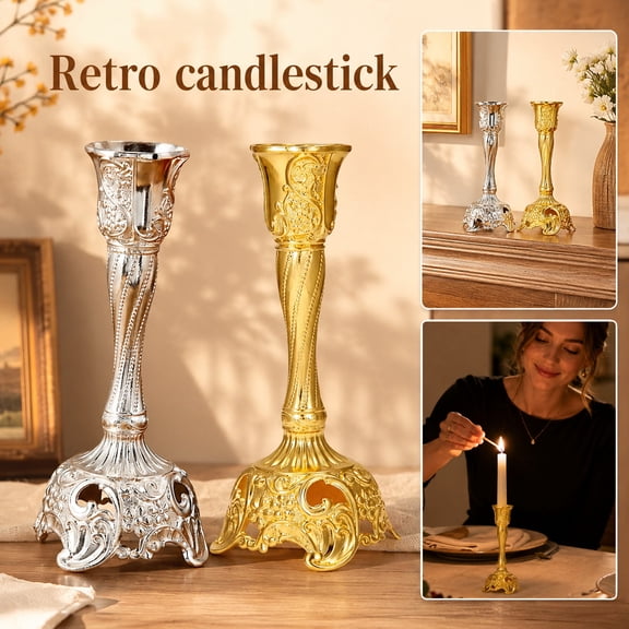 Silver Taper Candle Holder, Vintage Candle Holder, Silver Candle Holder, Candlestick Holder, 6X3X1.5 Inch Embossed Zinc Alloy Single Head Stand for Dining Table Centerpiece Decor,