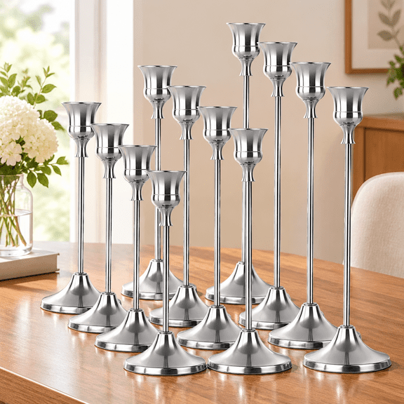 Silver Tapered Candle Holder, Candlestick Tall Metal Candlestick Holders for Table Centerpiece Home Decor for Wedding Fireplace Mantel Housewarming Gift Fits 3/4 Inch Thick Candles