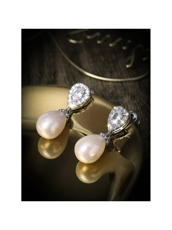 Silver Teardrop Faux Pearl & Cubic Zirconia Dangle Earrings For Women