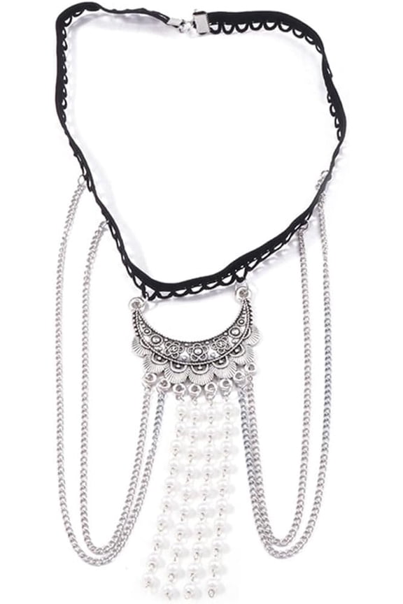 Silver Thigh Chain Jewelry Summer Beach Black Layered Tassel Elastic Leg Chain Boho Multi Layer Pearl Sexy Charm Body Lace Garter Set for Women Rave Bikini Party Prom Outfit Club Accessories Alloy