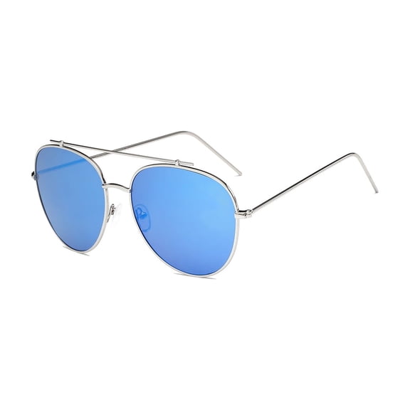 Silver Thin Frame Round Sunglasses - Blue Lens UV Protection Stylish Daily Eyewear