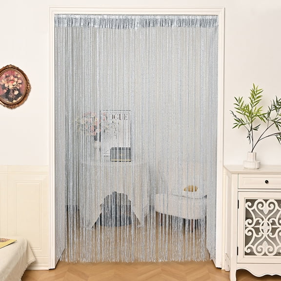 Silver Thread Beaded Curtain 39x79 Inch,Metallic Tassel Door String Curtain w/ Shimmering Strands Easy Trim Lightweight Privacy Screen,Room Divider Decor for Bedroom Living Room Party Wedding-Silver