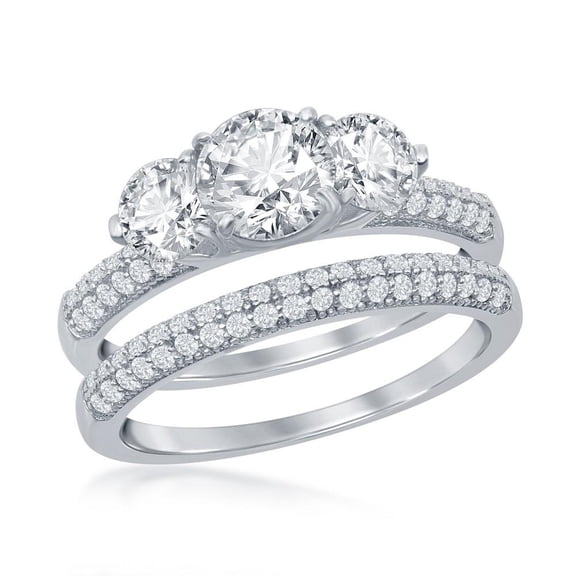 Silver Three Stone Past Present Future Engagement and Band Ring
