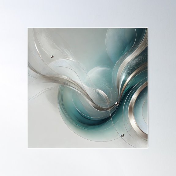 Silver Tides – Abstract Teal & Chrome Flow With Metallic Accents Poster Wall Art, Modern Wall Decor For Living Room Bedroom, 30x30 UNFRAMED