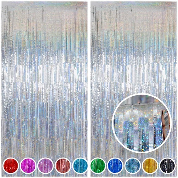 Silver Tinsel Backdrop Curtain, 3.2 ft x 8 ft Silver Foil Fringe Curtains, Sparkle Metallic Streamers for Memorial Day Disco Bachelorette Birthday Party Decorations, 2 Pack