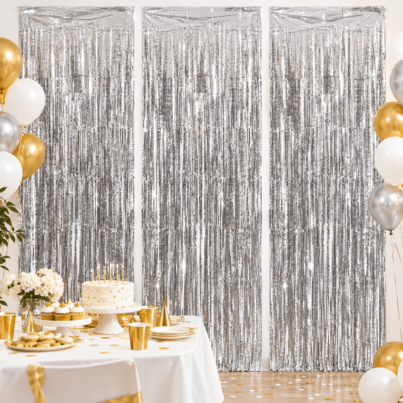 Silver Tinsel Backdrop Curtains, 3.3x6.6 FT Party Decor