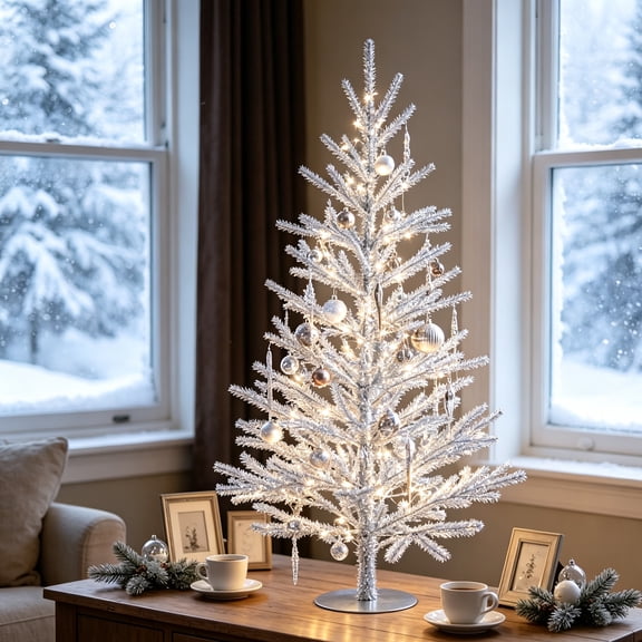 Silver Tinsel Artificial Christmas Tree 35.43 In Christmas Decor Tabletop Tree Metallic Christmas Tree for Home Mantel Side Table Decor Holiday Centerpiece
