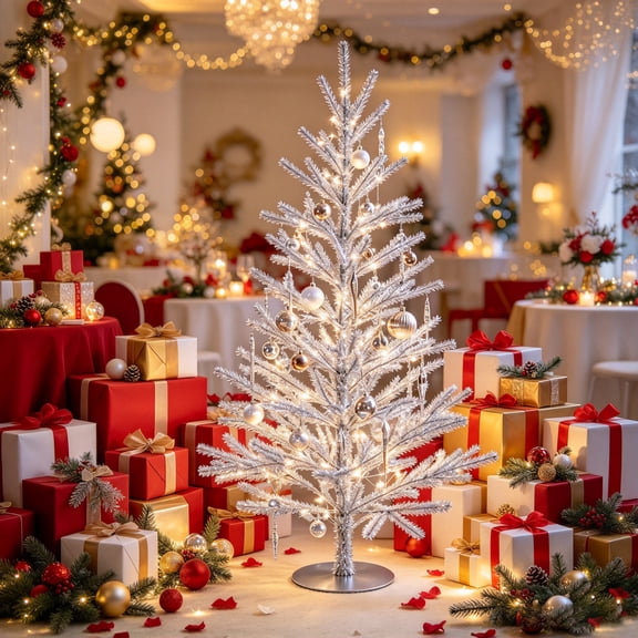 Silver Tinsel Artificial Christmas Tree 35.43 In Christmas Decor Tabletop Tree Metallic Christmas Tree for Home Mantel Side Table Decor Holiday Centerpiece