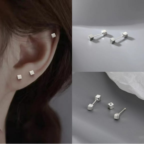 Silver Tiny Square Cube Stud Earrings, Women Minimalist Everyday Stud Earrings, Gift For Her