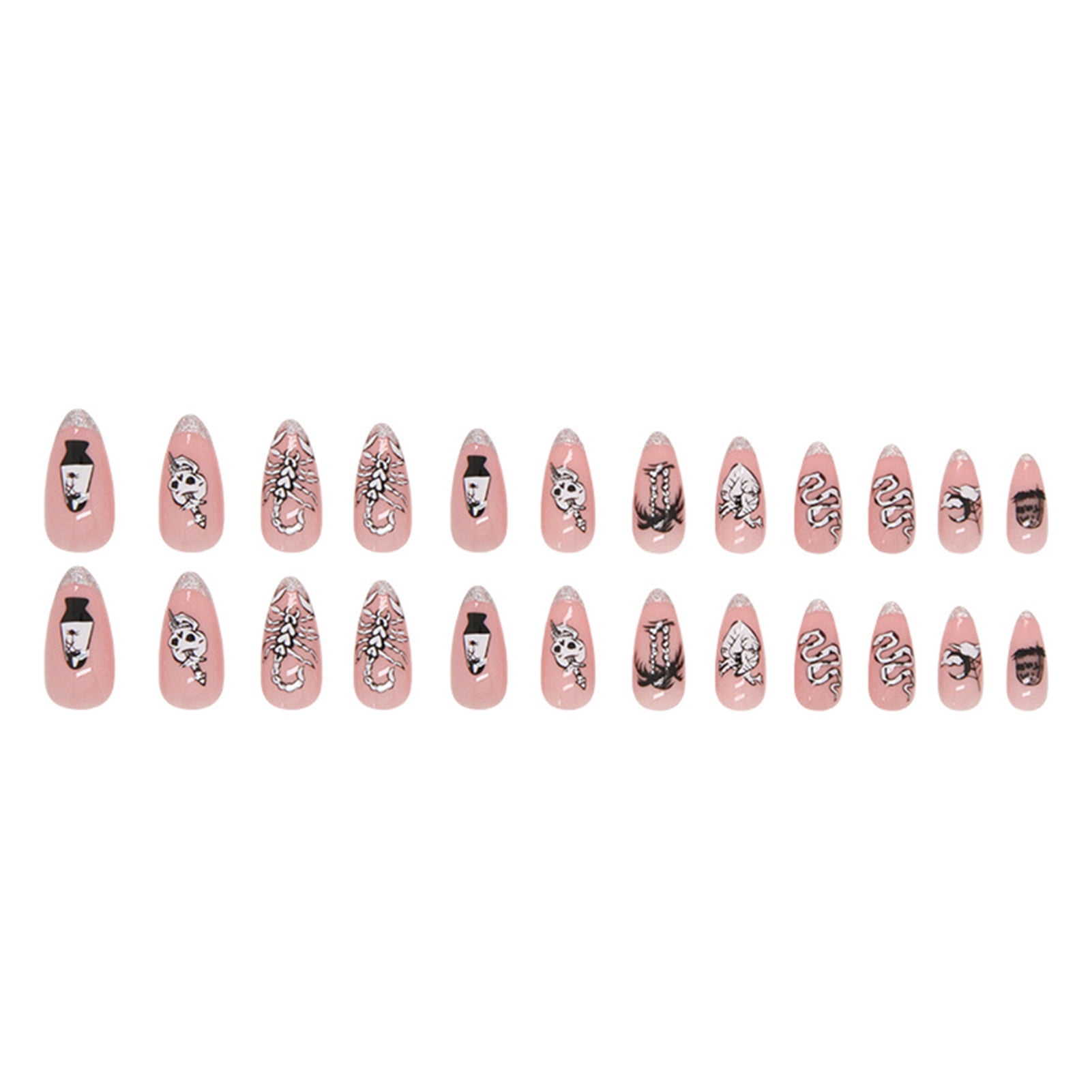 Silver Tips Pink Fake Nails Plastic Nails Glossy Glue on Fake Nails for