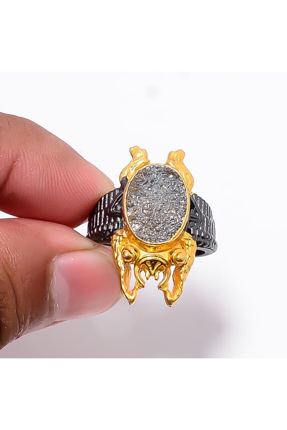 Silver Titanium Agate Drusy 925 Sterling Silver Frog Ring S.8 R8752, Christmas Gift