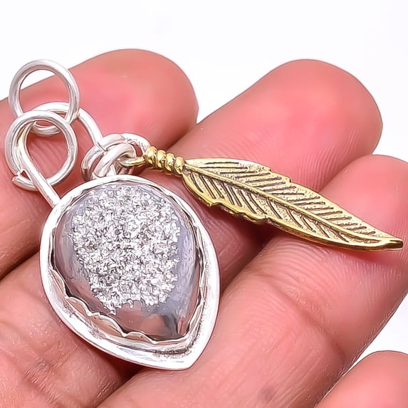 Silver Titanium Agate Drusy 925 Sterling Silver Two Tone Designer Pendant 1.95", Silver Titanium Agate Drusy Pendant P_8053_329_38