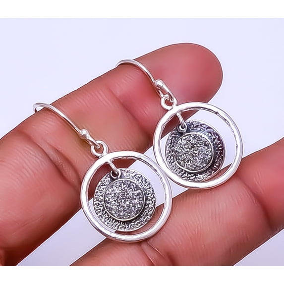Silver Titanium Agate Drusy Designer 925 Sterling Silver Earring 1.48", Titanium Agate Drusy Earring, Drop Dangle Earring, Silver Earring, Gift for he