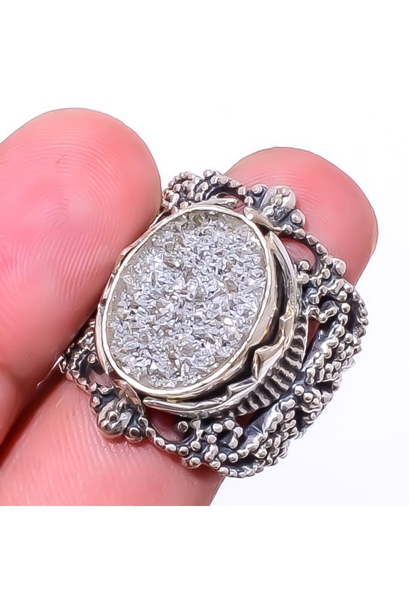 Silver Titanium Agate Drusy Gemstone 925 Sterling Silver Jewelry Ring s.8 Sku3, Silver Ring, Natural Gemstone Ring