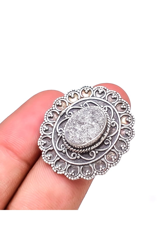 Silver Titanium Agate Drusy Handmade Oxidised 925 Sterling Silver Ring S.7 R22