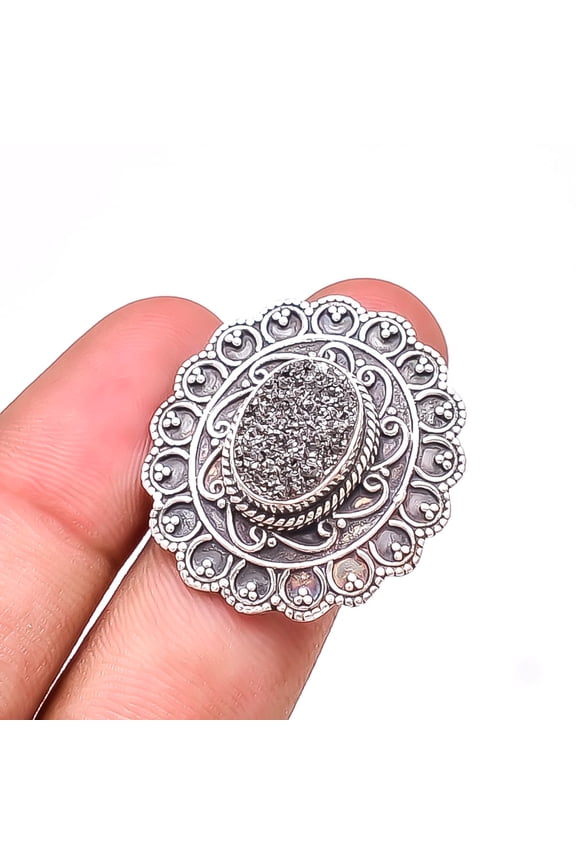 Silver Titanium Agate Drusy Handmade Oxidised 925 Sterling Silver Ring S.9 R6