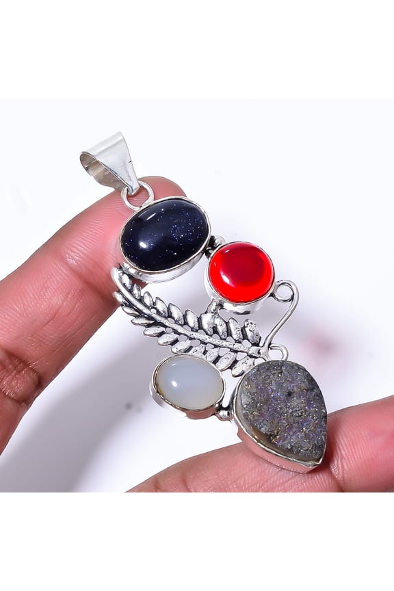 Silver Titanium Agate Drusy & Multi 925 Sterling Silver Pendant 2.73" P183